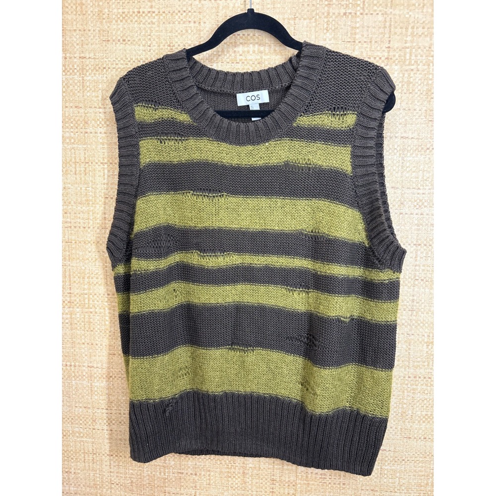 COS Striped Linen Blend Distressed Sweater Vest Women L Brown Green Mohair Wool